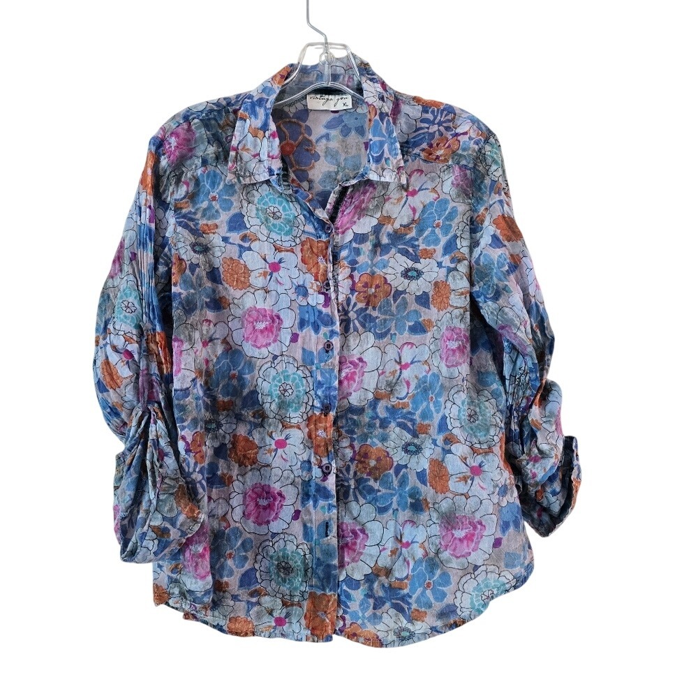 Vintage Goa, Womens Button Down Shirt Blue‎ multicolor, Size XL
